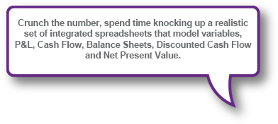 Crunch the number, spend time knocking up a realistic set of integrated spreadsheets that model variables, P&L, Cash Flow, Balance Sheets, Discounted Cash Flow and Net Present Value.
